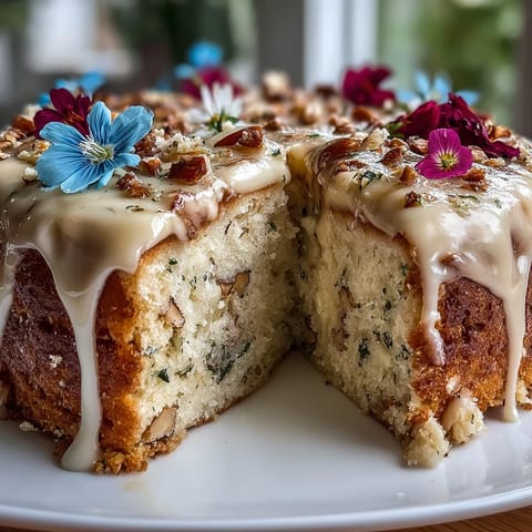 Spring cake with pressed edible flowers features delicate vanilla layers frosted with whipped cream and adorned with colorful blossoms.