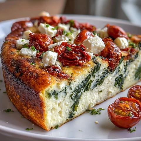 Fluffy spinach and feta frittata with sun-dried tomatoes, perfect for a light Mediterranean brunch or dinner.