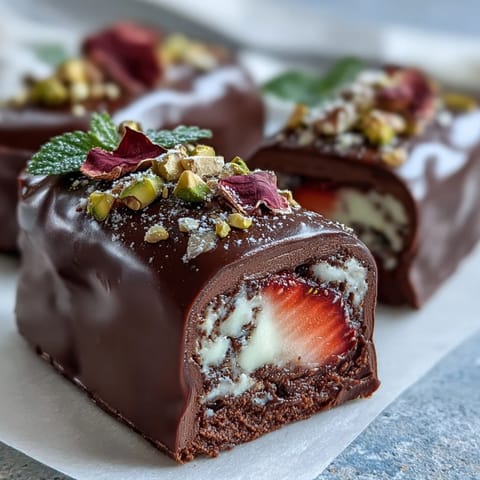 Decadent Dubai chocolate bark with fresh strawberries, pistachios, and rose petals in a marbled swirl of dark and white chocolate.