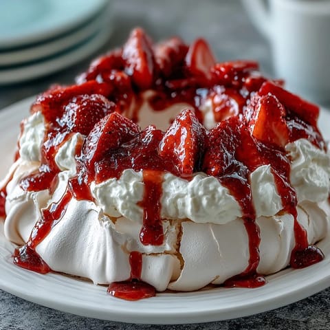 Beautiful strawberry pavlova with whipped cream and fresh strawberries, a crisp meringue base topped with light cream and juicy berries.
