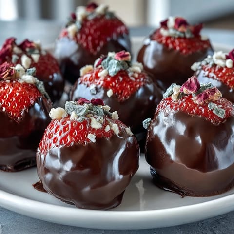Decadent Dubai-inspired strawberry truffles with rosewater, enrobed in glossy dark chocolate and dusted with pistachios.
