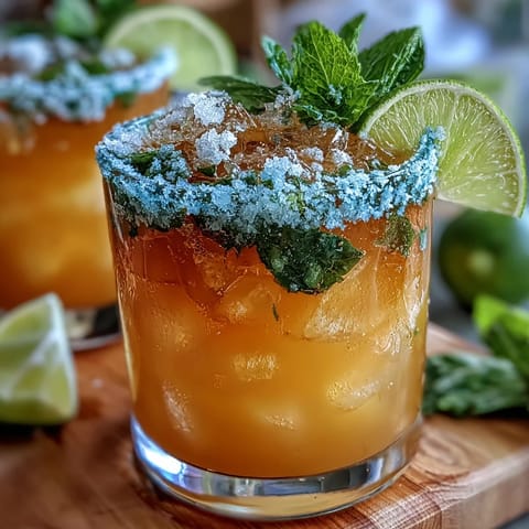 Vibrant lime and orange flavors shine in this easy Cinco de Mayo Margarita Mocktail, garnished with mint and served over ice.  