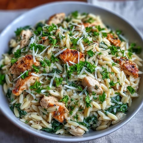 Lemon Orzo with Chicken and Spinach in a creamy skillet, garnished with fresh parsley and lemon zest.