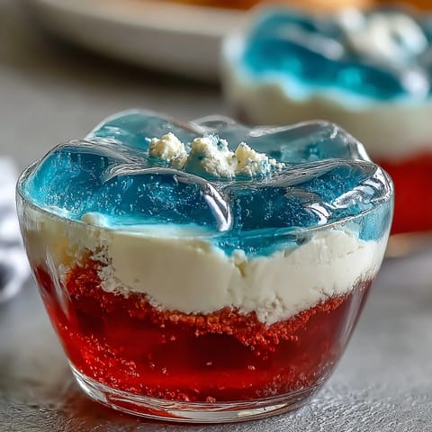 Layered red, white, and blue Jello cups with vibrant stripes, topped with whipped cream and fresh berries for a patriotic dessert.  