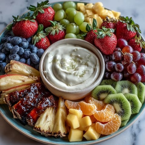 Vibrant spring fruit platter with strawberries, pineapple, and kiwi served alongside creamy honey-yogurt dipping sauce for a refreshing appetizer.  