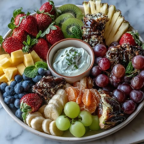 Colorful fruit table arrangement featuring fresh mango, grapes, and apple slices paired with zesty lemon-honey yogurt dip, perfect for spring gatherings.  