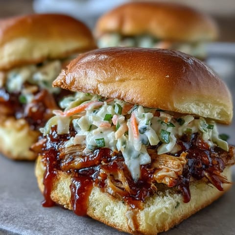 Juicy BBQ chicken sliders piled high with tangy coleslaw on soft toasted buns, perfect for festive 4th of July gatherings.  