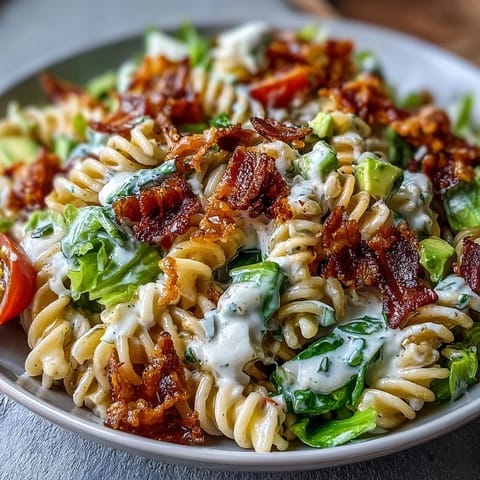 Hearty BLT Pasta Salad featuring al dente pasta, smoky bacon, and ripe avocado for a satisfying, colorful meal.  
