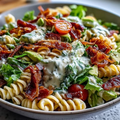 Fresh BLT Pasta Salad with crispy bacon, creamy avocado, and juicy cherry tomatoes in a tangy dressing.  