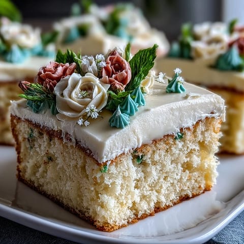 A beautifully decorated vanilla sheet cake with pastel buttercream flowers, perfect for a First Communion celebration.  