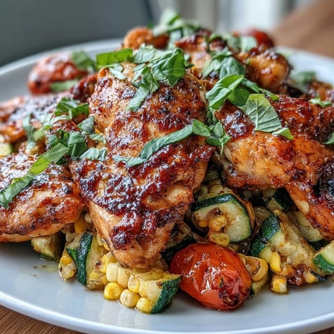 Juicy sheet pan chicken with zucchini and corn, roasted to perfection with vibrant vegetables and herbs.  