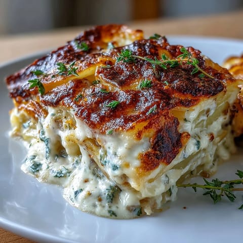 Gourmet scalloped potatoes featuring Gruyere and Parmesan, with a bubbling golden crust and silky layers of thinly sliced potatoes baked in herb-infused cream.  