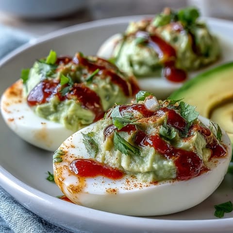 Creamy avocado deviled eggs with a spicy Sriracha drizzle, perfect for healthy appetizers or party snacks.  