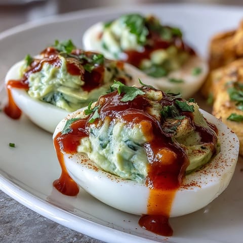 Vibrant deviled eggs filled with avocado and lime, topped with Sriracha sauce for a zesty kick and fresh cilantro garnish.  