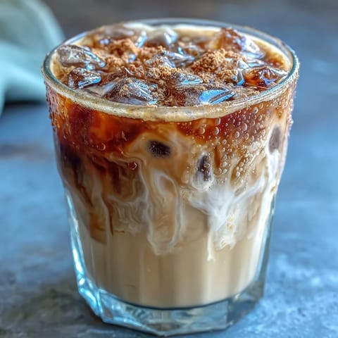 Iced brown sugar oat milk shaken espresso with creamy foam and a cinnamon sprinkle in a clear glass.