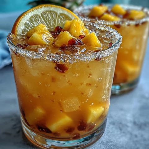 A vibrant punch bowl filled with mango pineapple sparkling lemonade, garnished with fresh fruit slices and mint for a festive grad party.