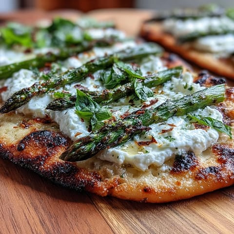 Golden roasted asparagus flatbread topped with creamy burrata and fresh lemon zest for a vibrant spring appetizer.