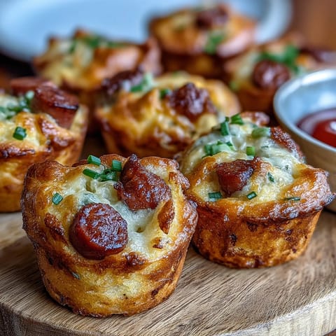 Savory mini corn dog muffins, oven-baked golden brown and ready for dipping.