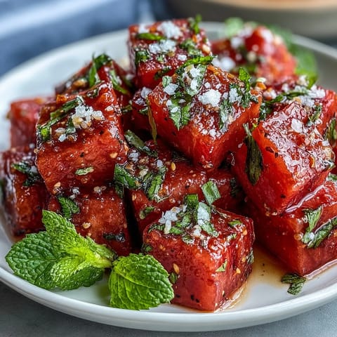 Juicy watermelon chili lime salad with cooling mint, a refreshing side dish.