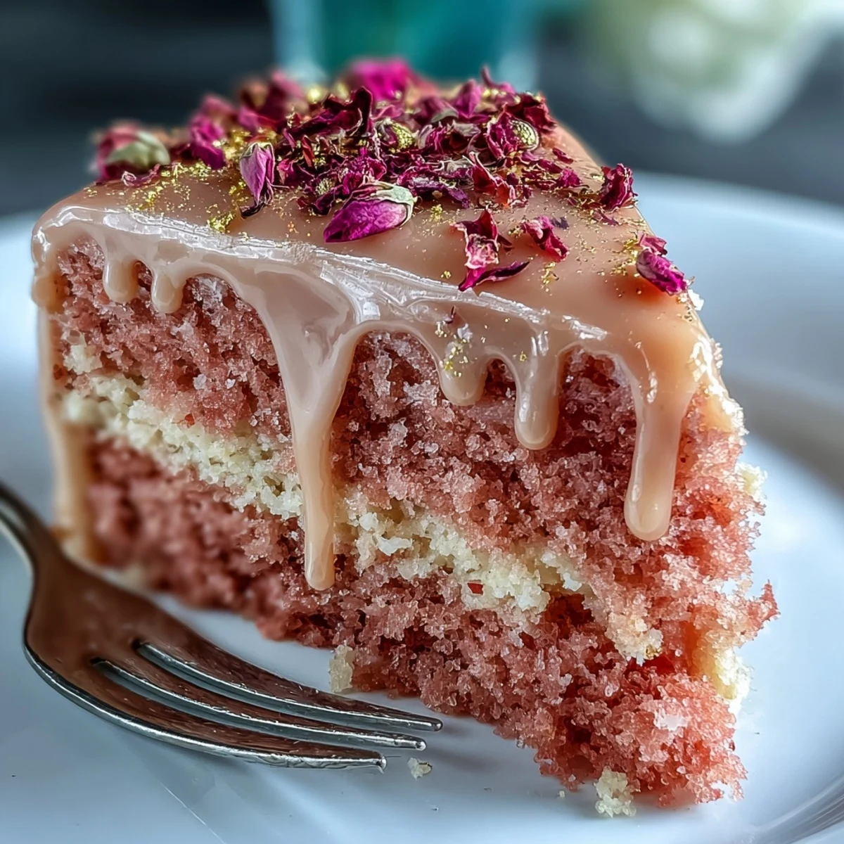 Beautiful pink rosé velvet cake, topped with edible gold for celebrations.