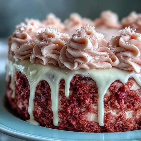 Show-stopping Rosé Velvet Cake, perfect for celebrations, with creamy frosting.