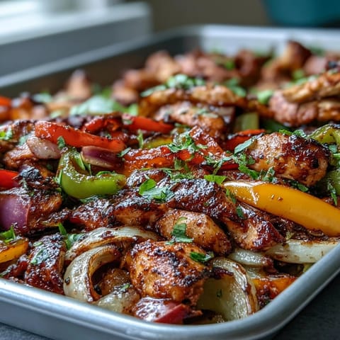 Sheet pan chicken fajitas piled high with colorful, tender roasted peppers and onions.