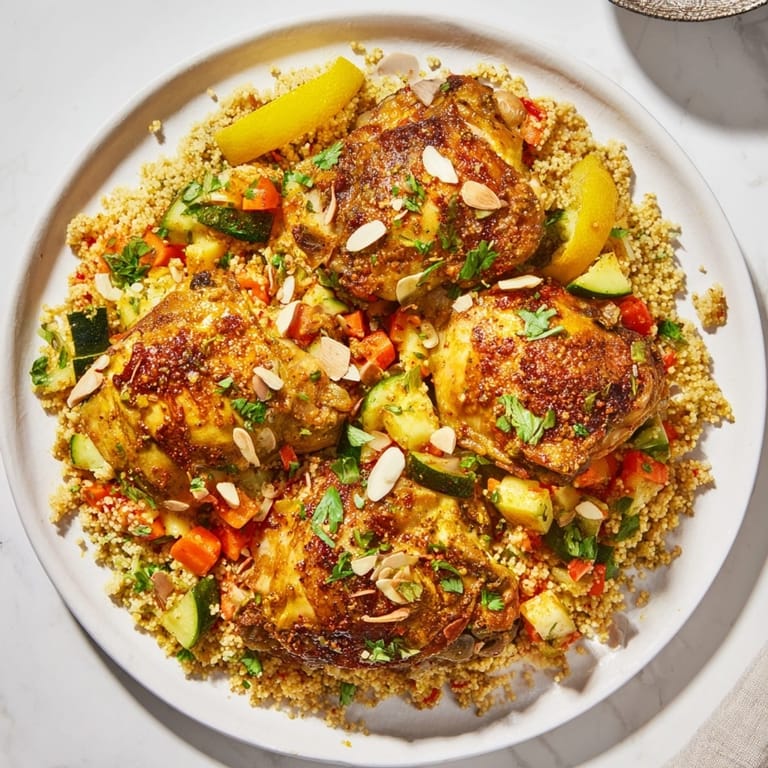Vibrant Moroccan Spiced Chicken with Couscous, showing diced vegetables and toasted almonds.