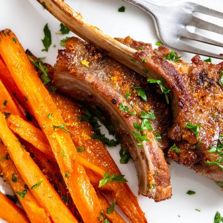 Delicious roasted carrots, drizzled with honey beside perfectly seared lamb chops.  