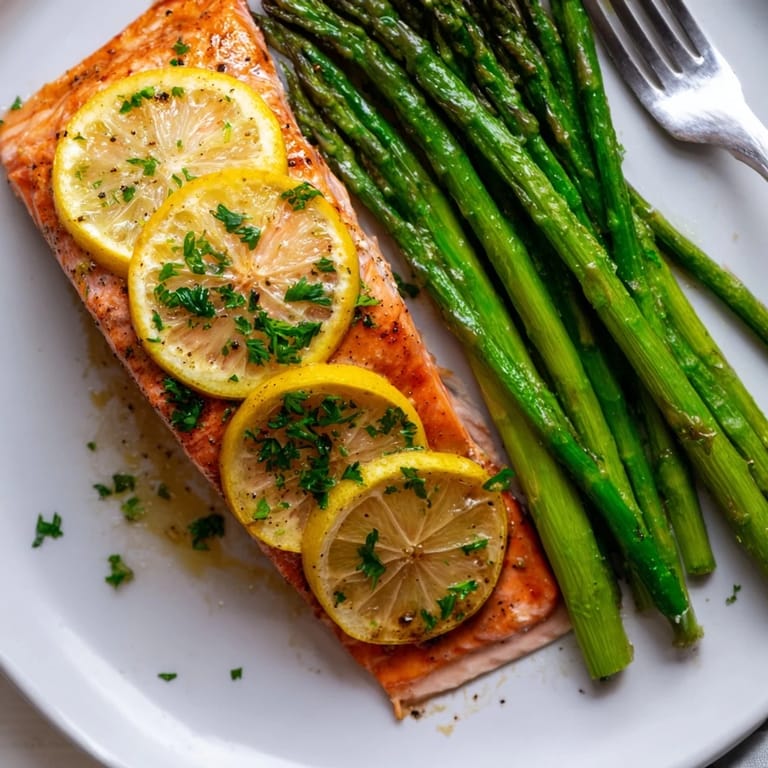 Tender salmon fillets roasted with zesty lemon and crisp asparagus, perfect for dinner.  