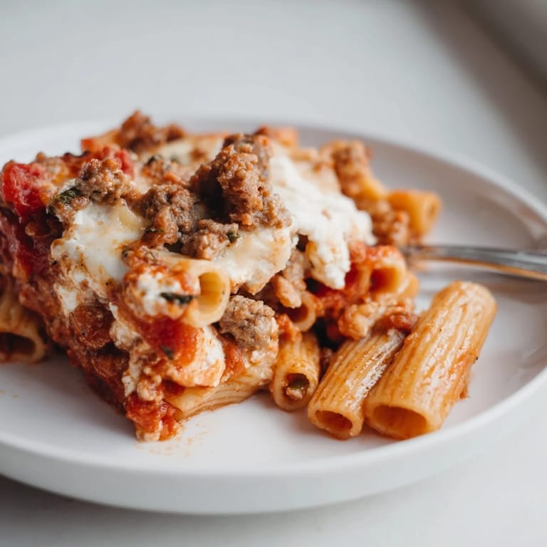 Savory baked ziti combining spicy sausage, melted mozzarella, and delicious herbs.