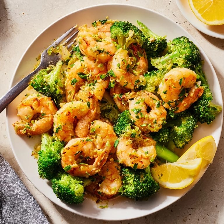 Delicious garlic butter shrimp stir-fried with bright, crisp-tender broccoli florets.  