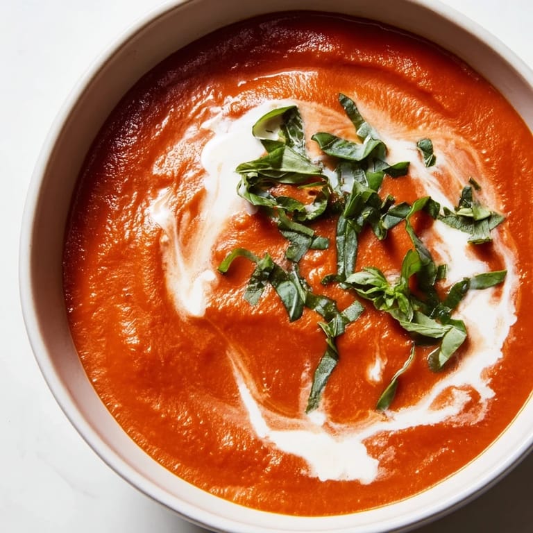 Bowl of Creamy Tomato Basil Soup with herbs, perfect for cozy dinners.