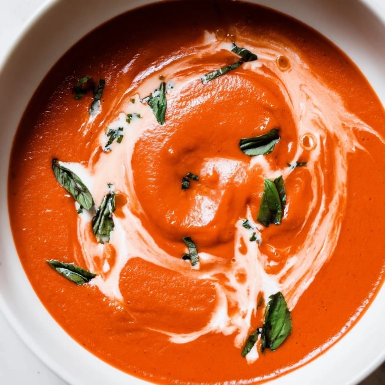 A rich, velvety Creamy Tomato Basil Soup served with crusty bread slices.  