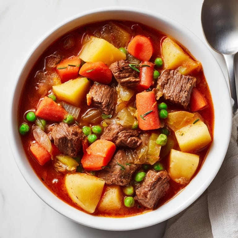 Warm bowl of beef and vegetable stew garnished with fresh herbs and crusty bread.  