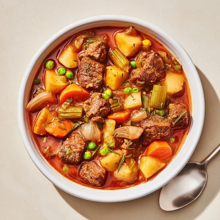 Savory beef and vegetable stew bubbling in a Dutch oven, perfect for cozy dinners.