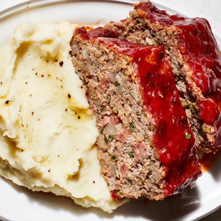 A hearty slice of classic meatloaf paired with buttery mashed potatoes on the side.  
