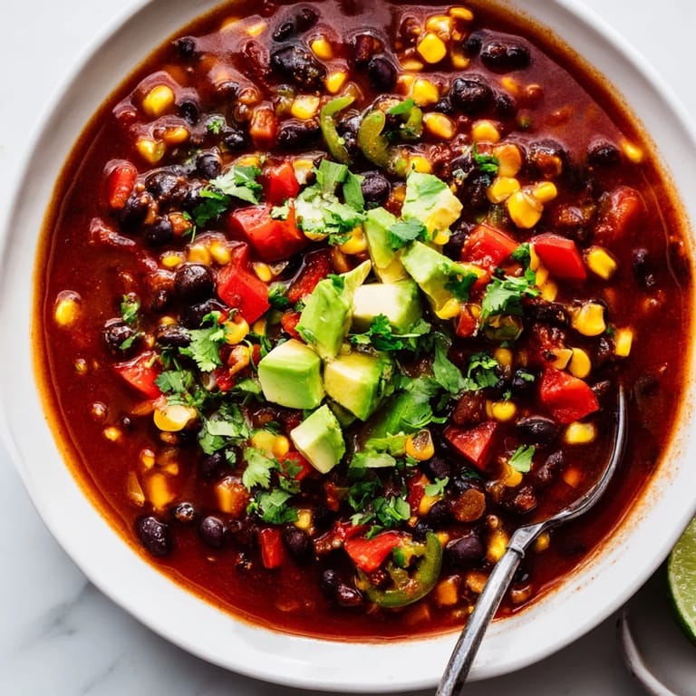 Colorful vegetables and spices create a delicious Spicy Black Bean Chili for dinner.  