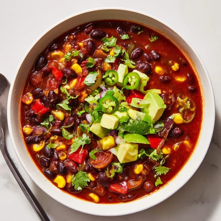 Garnished Spicy Black Bean Chili served with lime and avocado, perfect for sharing.
