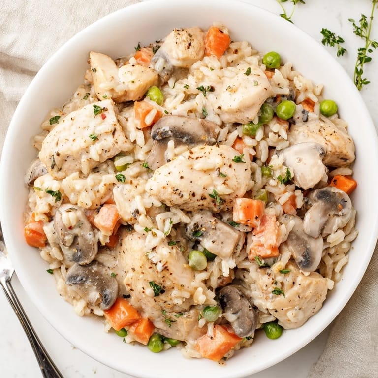 Delicious One-Pot Creamy Chicken and Rice garnished with fresh parsley, perfect for dinner.  