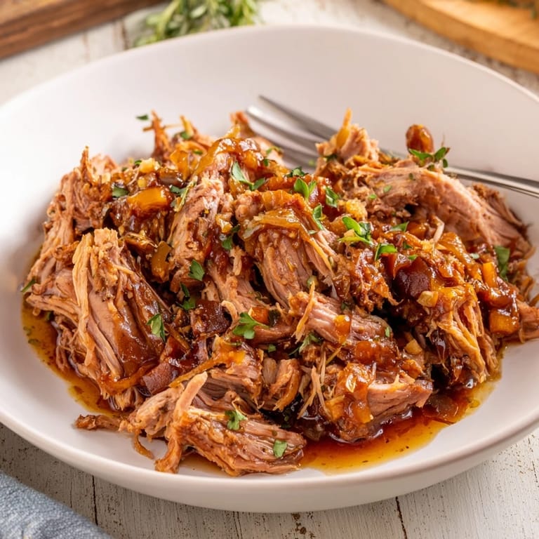 Juicy Slow Cooker Honey Garlic Pork Roast served with fresh parsley and vegetables.