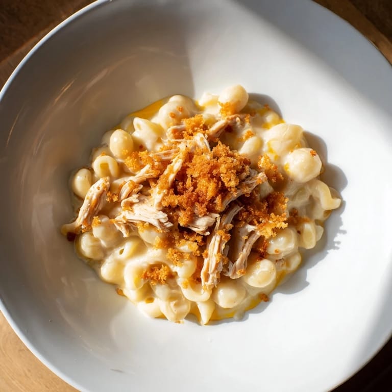 A close-up of cheesy and smoky Classic Mac & Cheese with BBQ Chicken ready to be enjoyed.