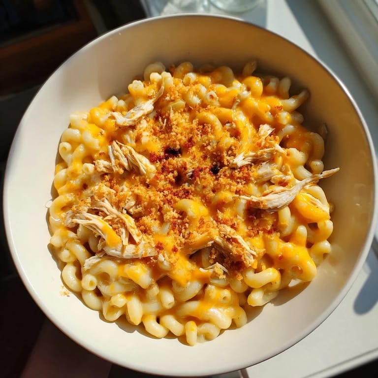 Delicious comfort food: a baked dish of creamy Classic Mac & Cheese with BBQ Chicken, piled high.