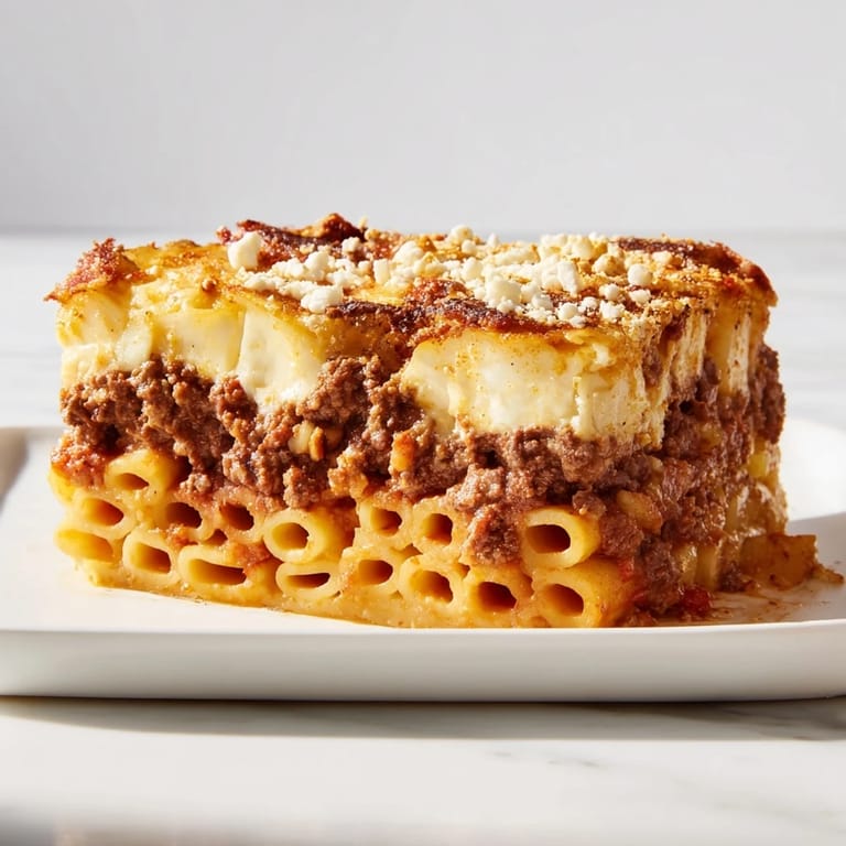 A close-up of a richly browned Greek Pastitsio, a family favorite with layers of flavor.