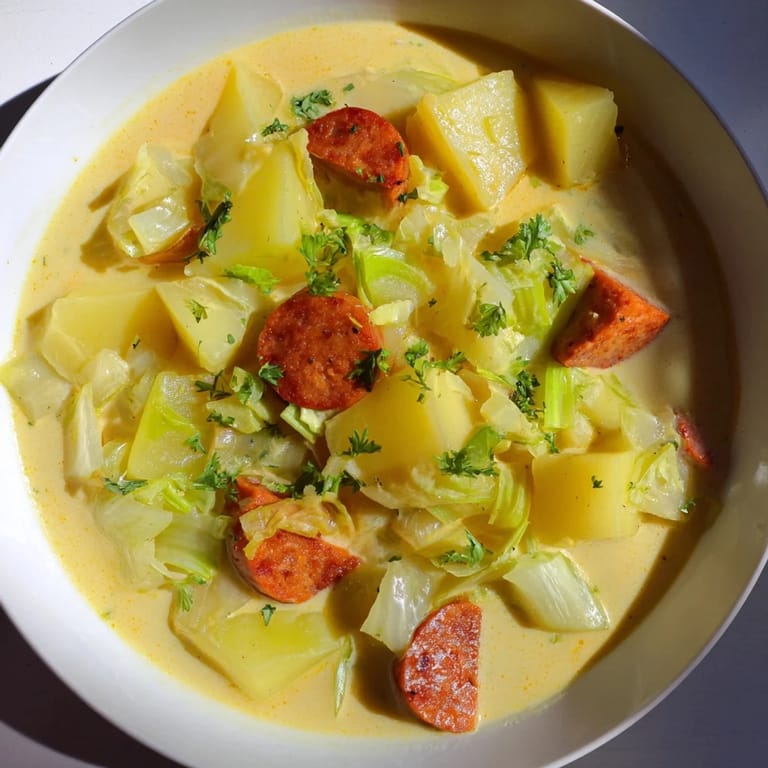 Golden and rustic Potato, Leek & Chorizo Soup with crusty bread waiting to be devoured.