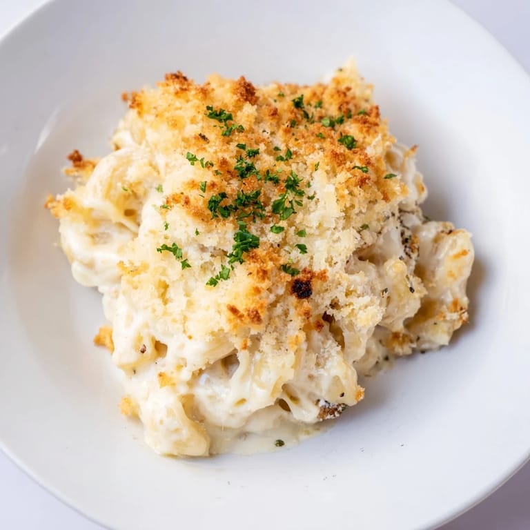 Creamy Truffle Macaroni & Cheese with a crispy, golden breadcrumb topping, perfect for dinner tonight.