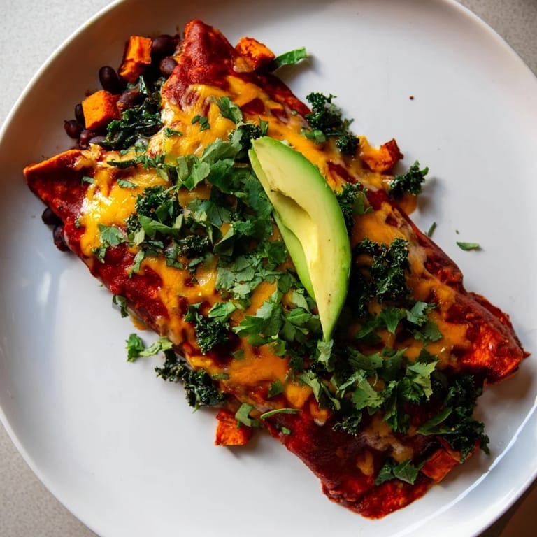 Savory One-Pan Sweet Potato, Black Bean & Kale Enchiladas feature melted cheese and a vibrant, flavorful sauce.