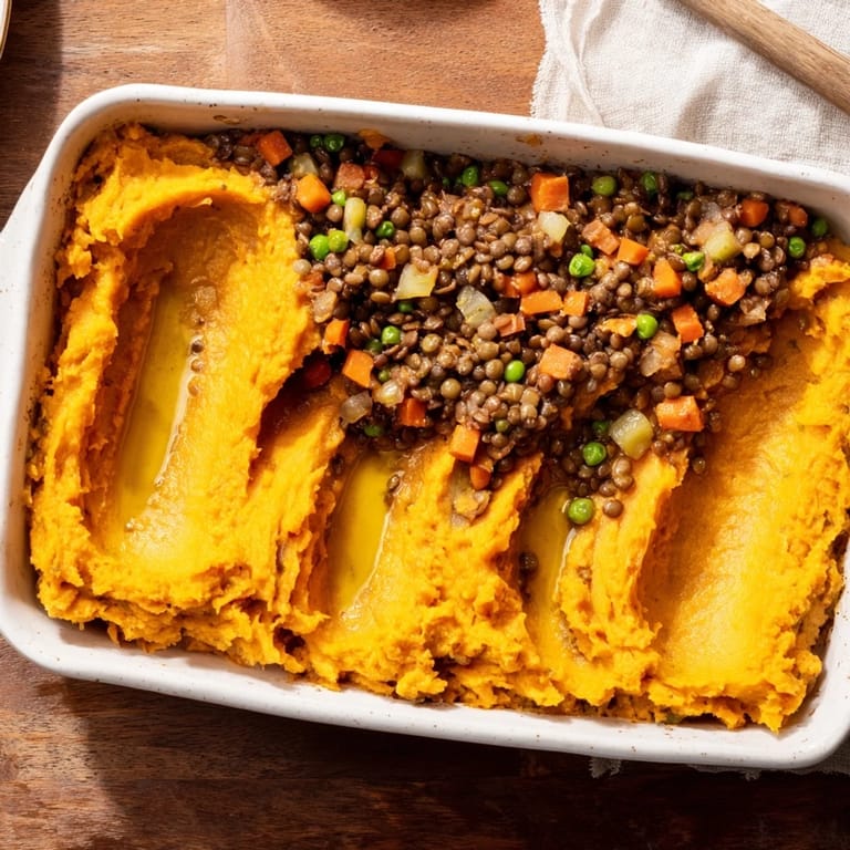 A close-up of a bubbling, homemade Veggie Shepherds Pie, perfect for a warming dinner.