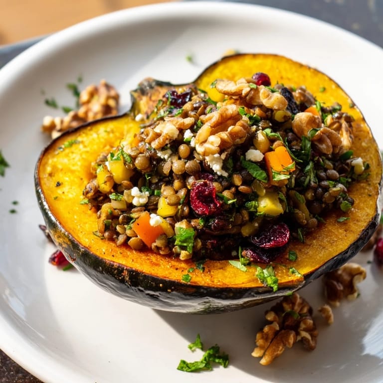 A close-up of a plated, delicious Lentil & Walnut Stuffed Acorn Squash, ready for a warm meal.