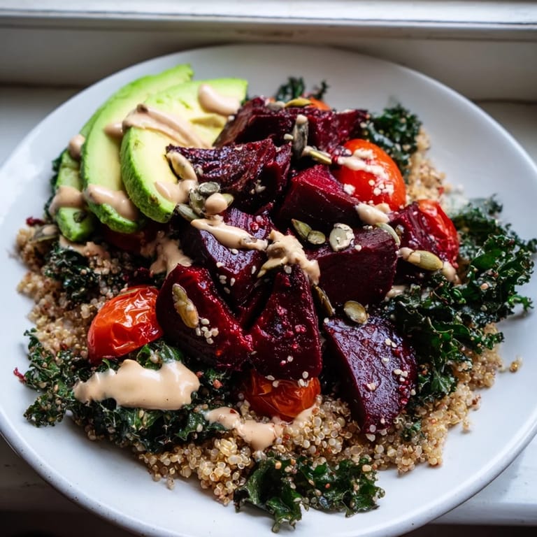 Golden-roasted beets and crisp kale with tahini dressing topping flavorful quinoa: a delicious and healthy bowl.