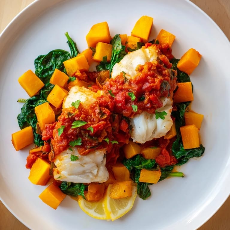 A delicious Baked Cod with roasted butternut squash and spinach, topped with fresh parsley.